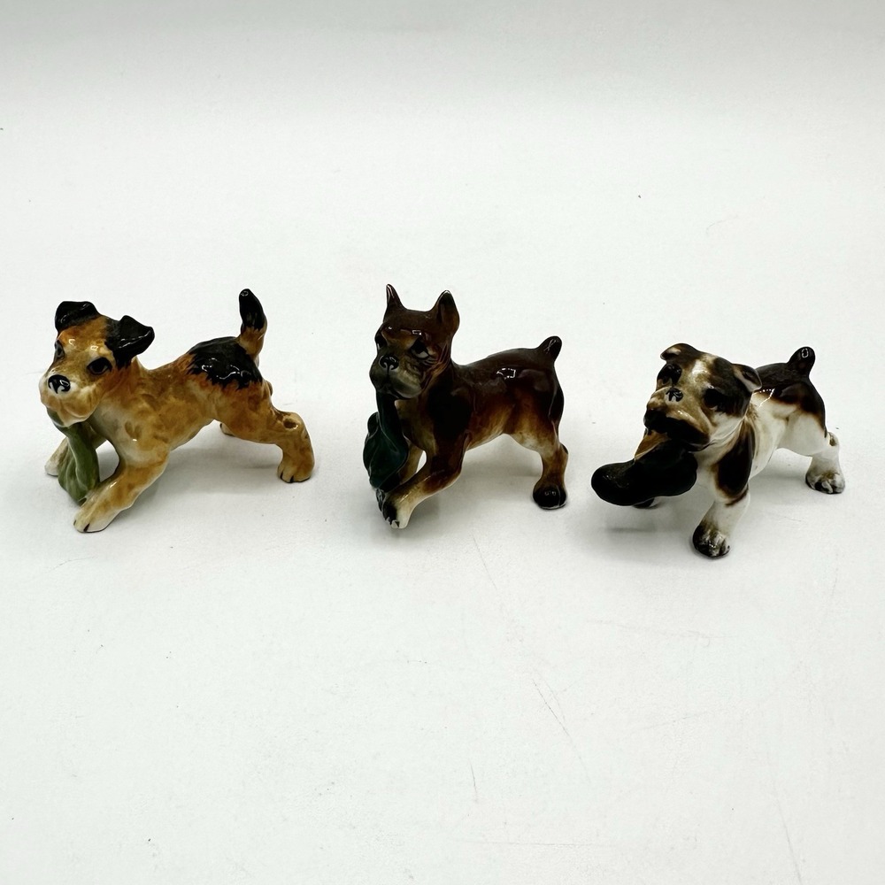 Miniature Figurines Dog Terrier Boxer Bulldog Holding Shoe Clothing Playing
